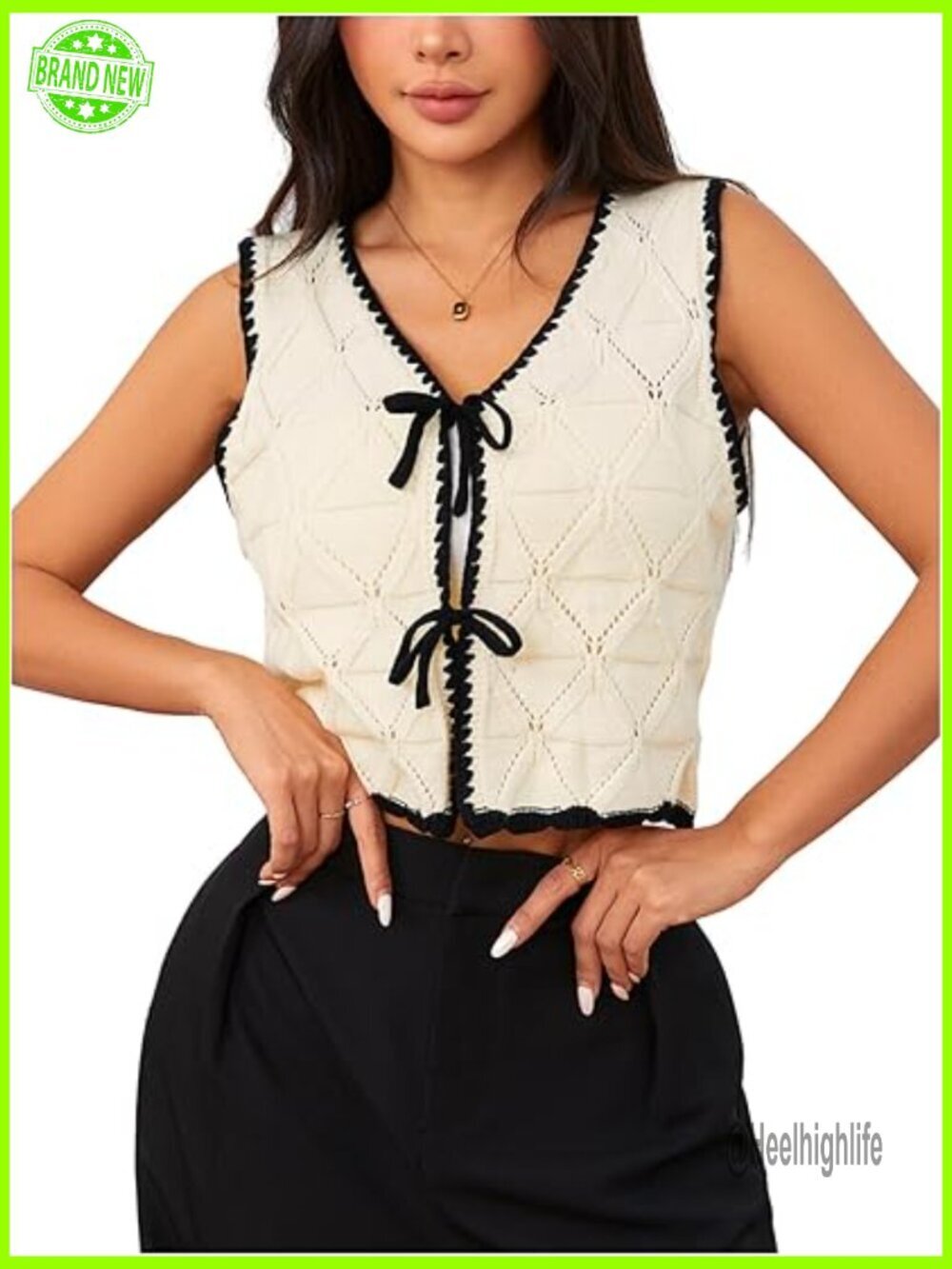 Small Acrylic Sweater Vest Tie Front Crop Top Sleeveless V Neck